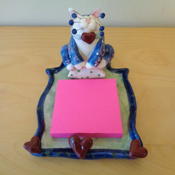 WhimsiClay Cat by Amy Lacombe Hearts Memo Pad Post It Holder Retired Vintage NEW